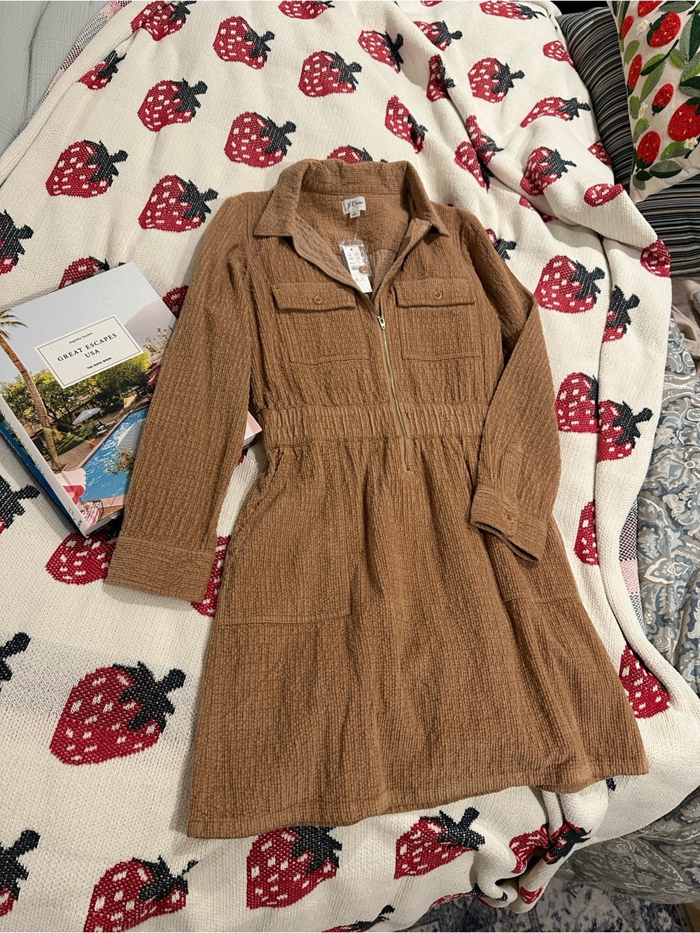 J. Crew Textured Zip-Front Shirt Dress in Caramel